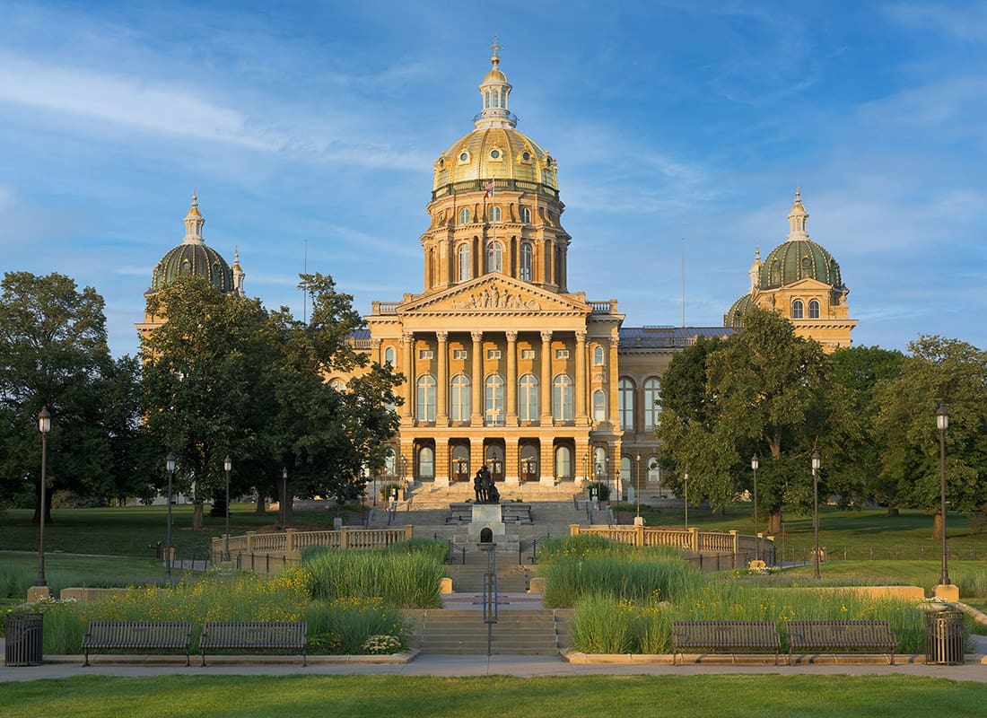 Blue Grass, IA - Aerial View of Exterior of the Iowa State Capitol Building During the Day in Des Moines, Iowa