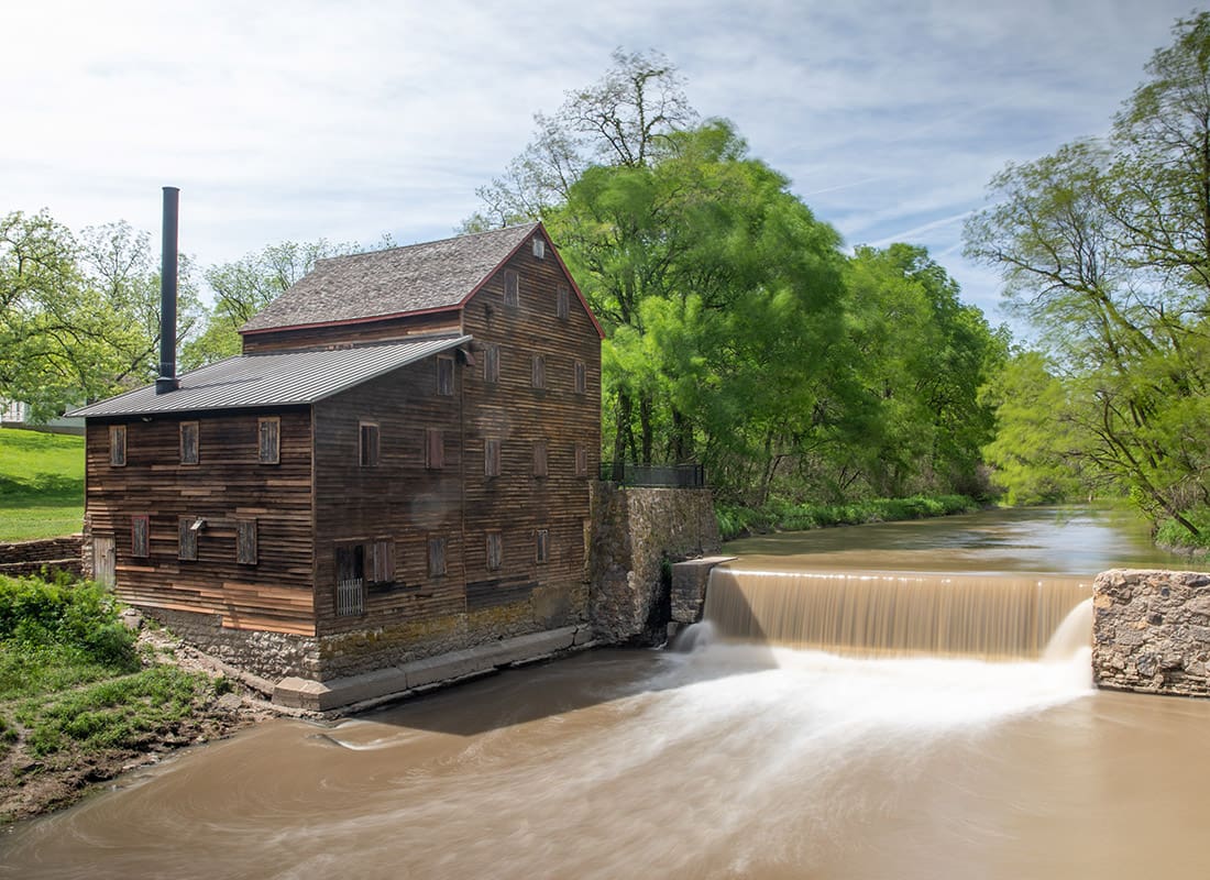 Muscatine, IA - Aerial View of Pine Creek Grist Mill, In Spring, Muscatine County, Iowa